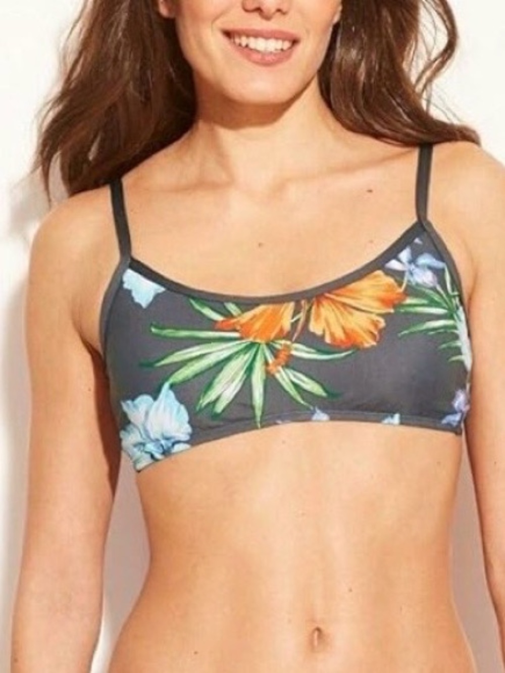 Kona Sol Dark Gray Floral Bikini Top with Orange & Light Blue Flowers